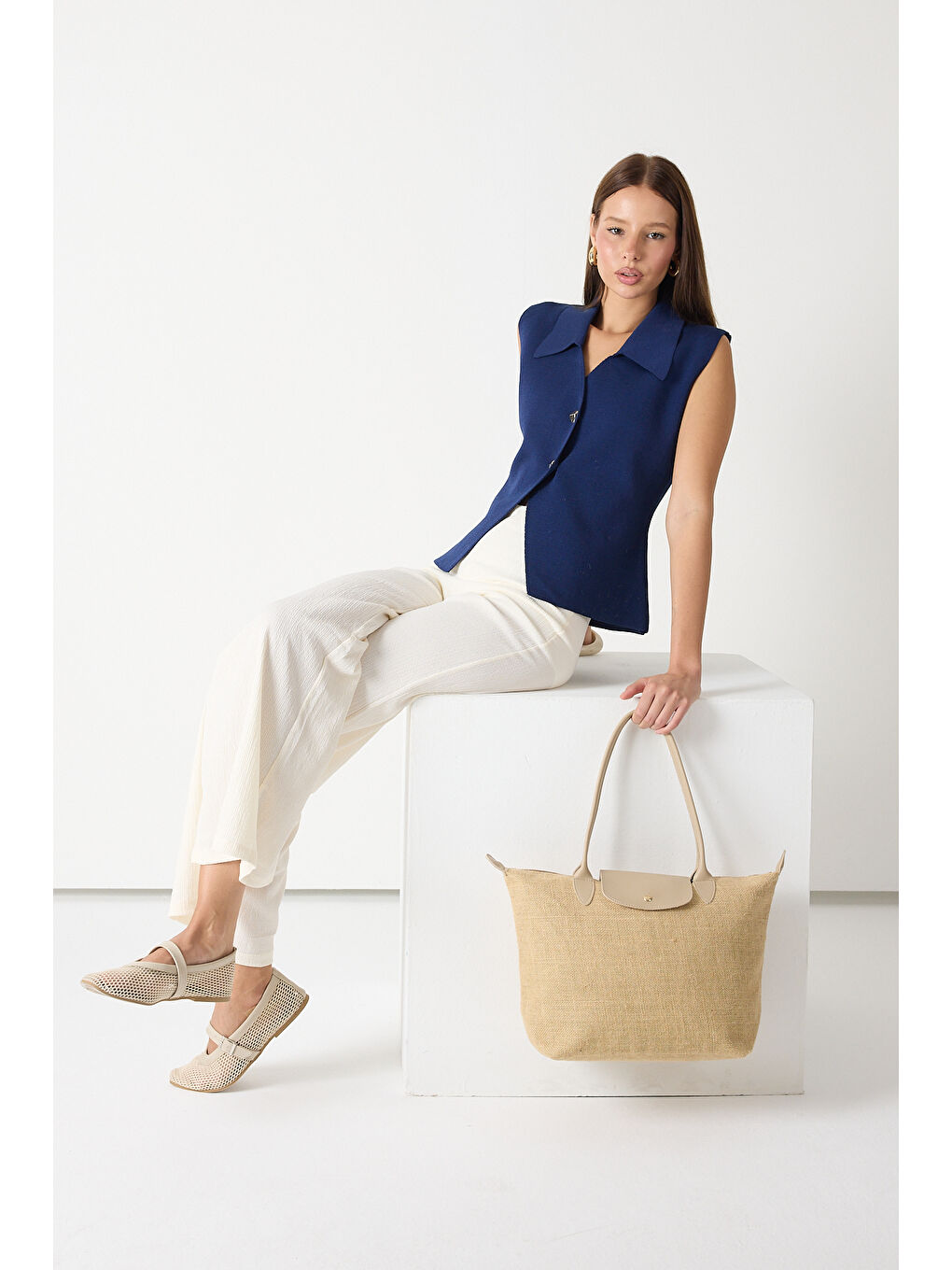 Ekru Kadın Krem Orta Boy Askılı Hasır El ve Omuz Çantası-4