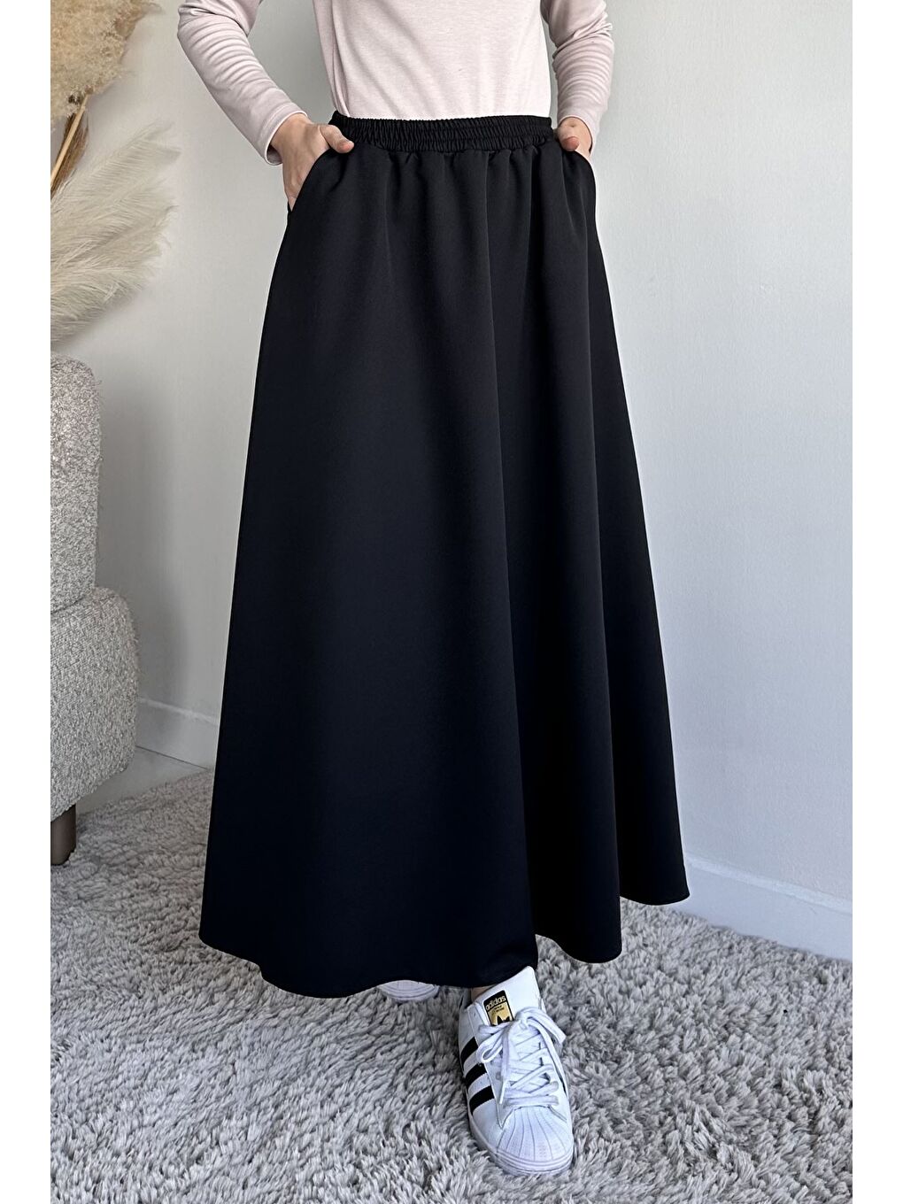 Siyah Bel Lastikli Cepli Tesettür Etek-1