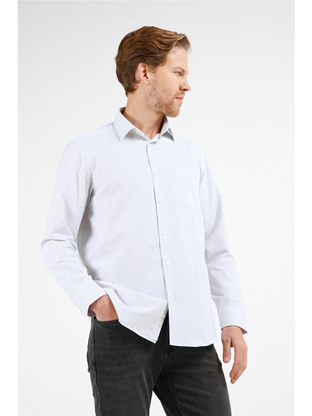 Beyaz - Siyah Çizgili Desen Sert Yaka Uzun Kol Cepli Comfort Fit Pamuklu Gömlek 1004255208-2