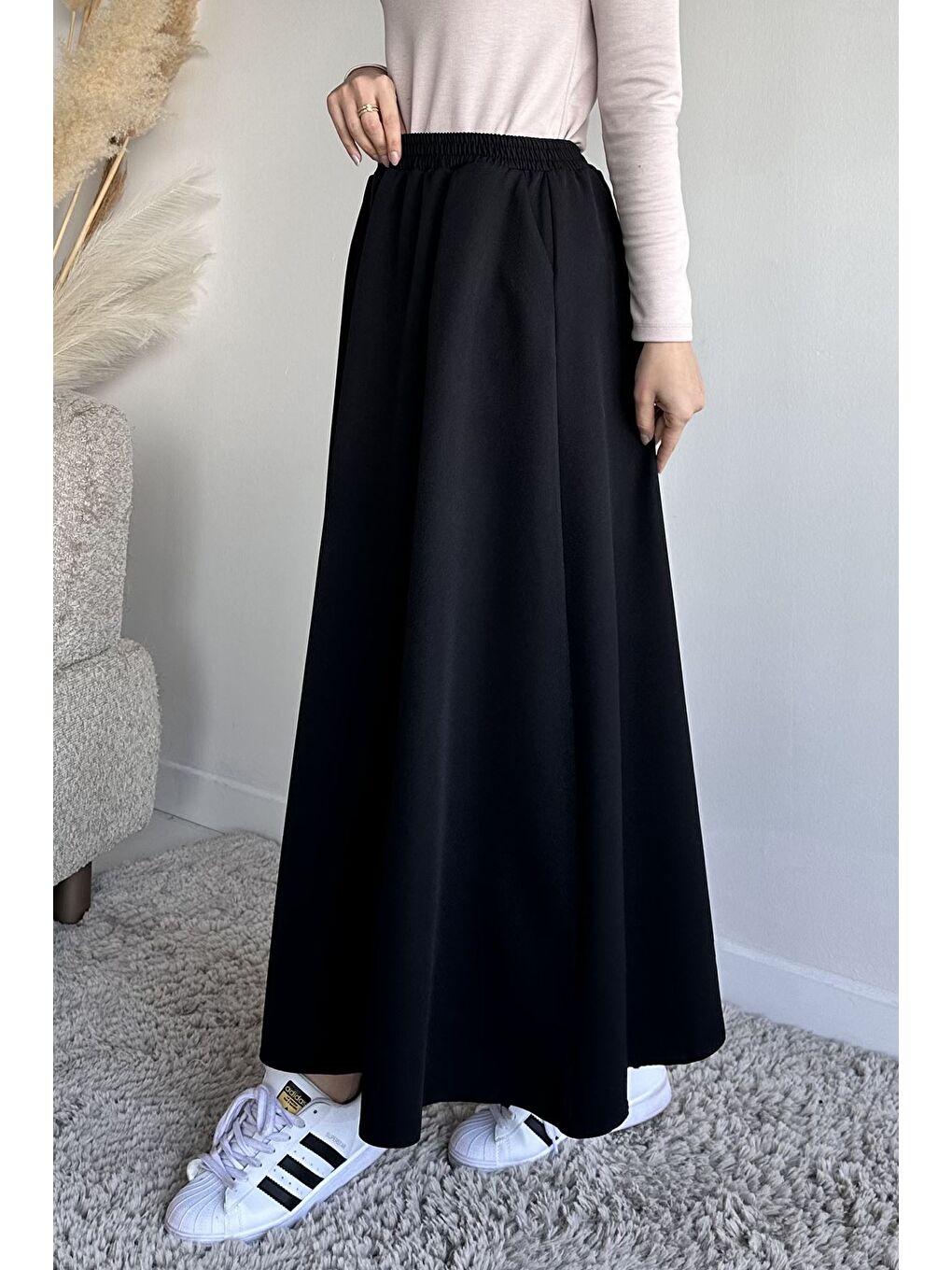 Siyah Bel Lastikli Cepli Tesettür Etek-3