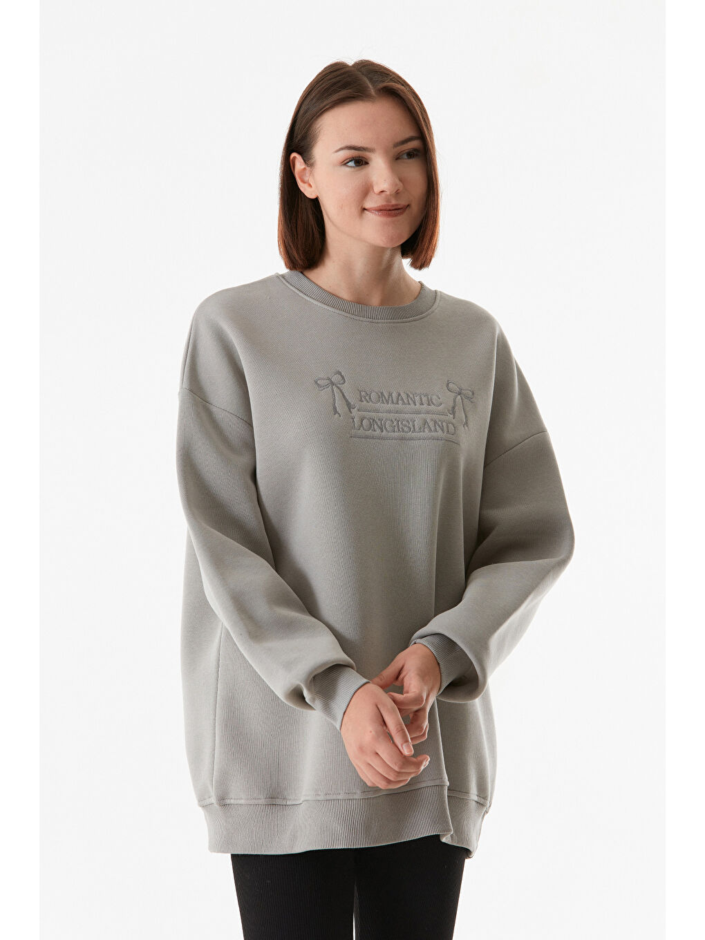 Fullamoda Gri Yazı Nakışlı Bisiklet Yaka Oversize Sweatshirt - 4