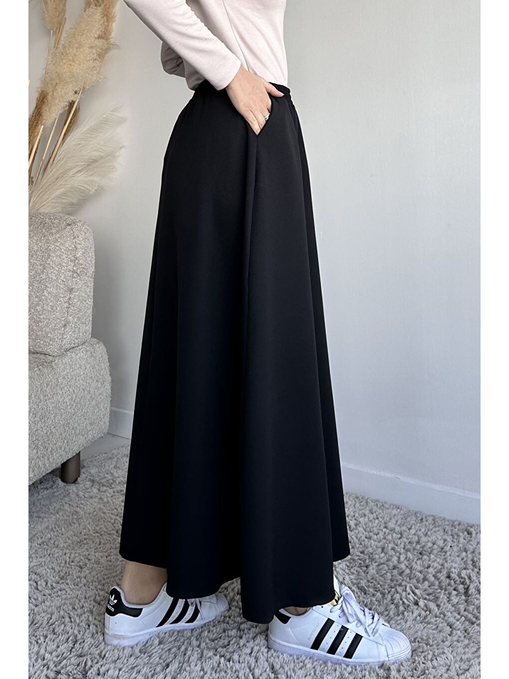 Siyah Bel Lastikli Cepli Tesettür Etek-4