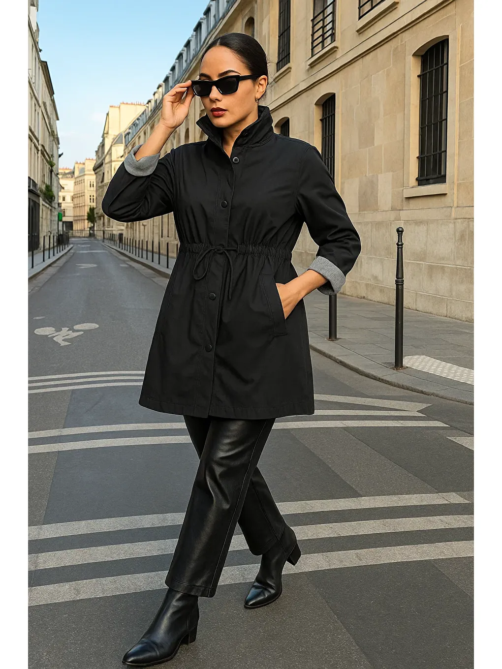 Kadın Çizgili Basic Trend Siyah Kısa Trençkot-1