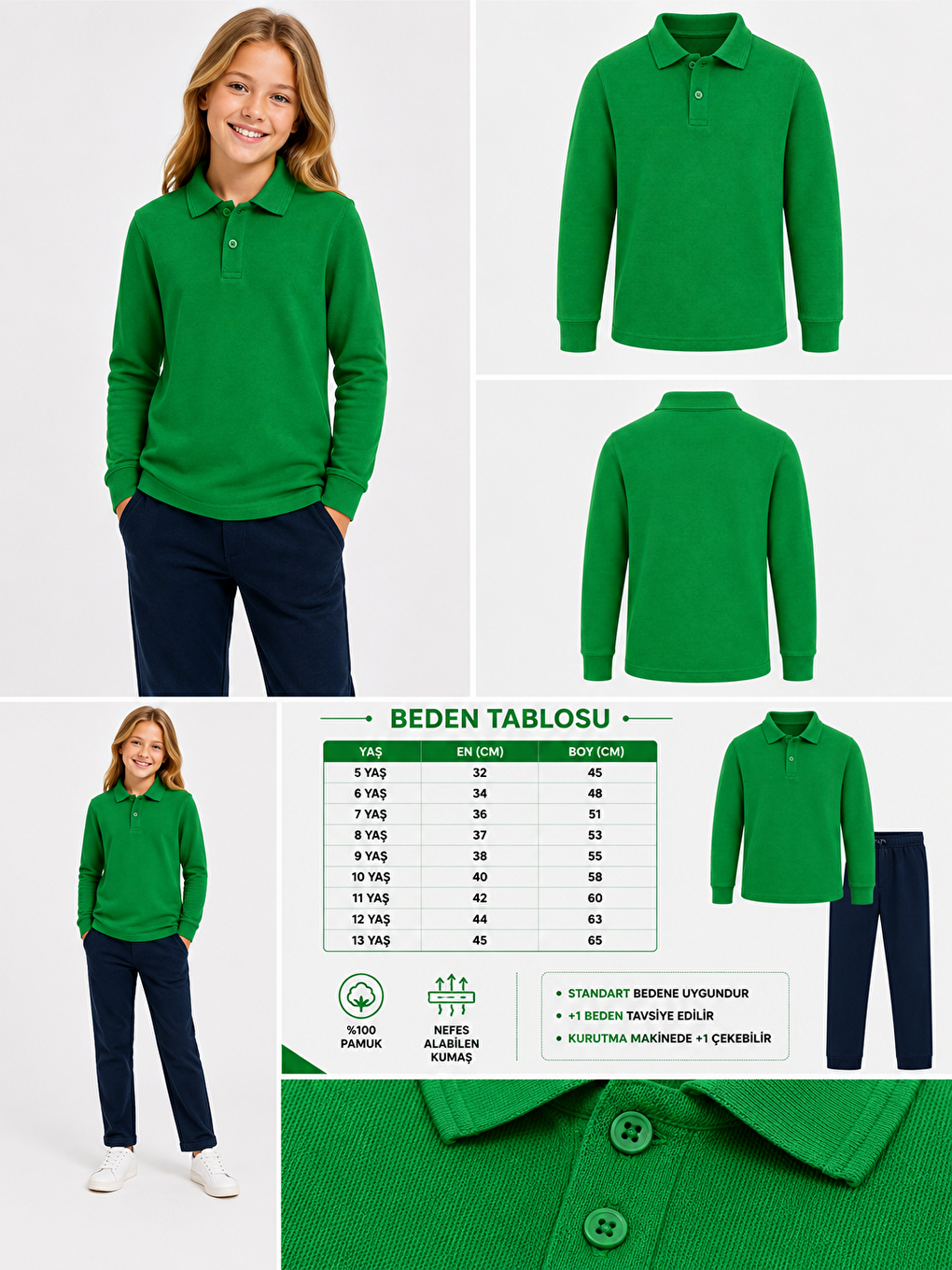 Yeşil Kids Polo Yaka Basic Uzun Kollu Unisex Kız Çocuk Tişört-1