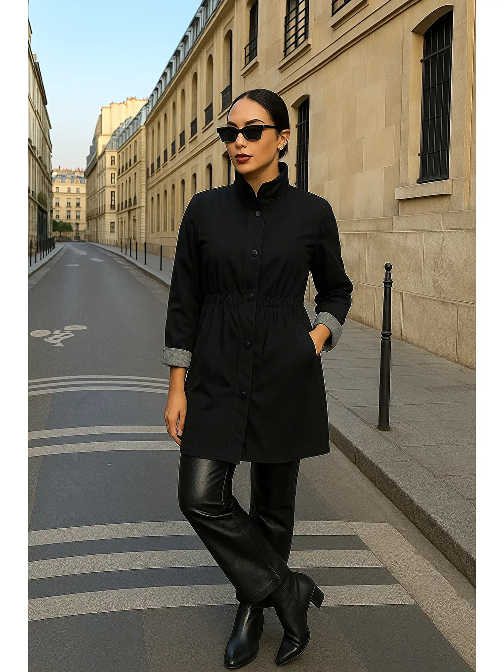 Kadın Çizgili Basic Trend Siyah Kısa Trençkot-3