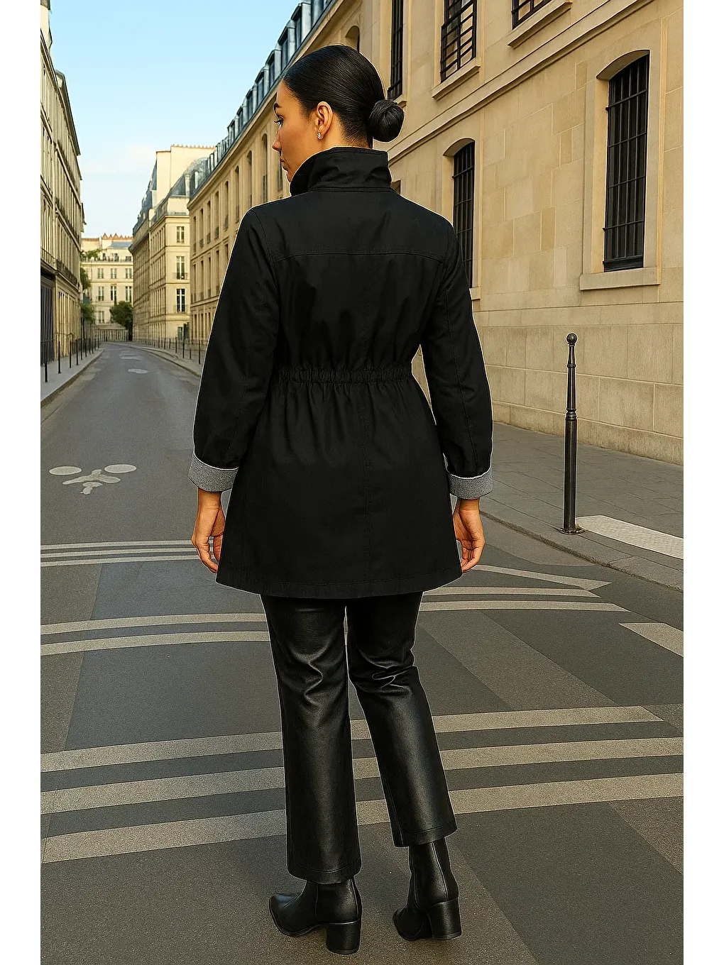 Kadın Çizgili Basic Trend Siyah Kısa Trençkot-4