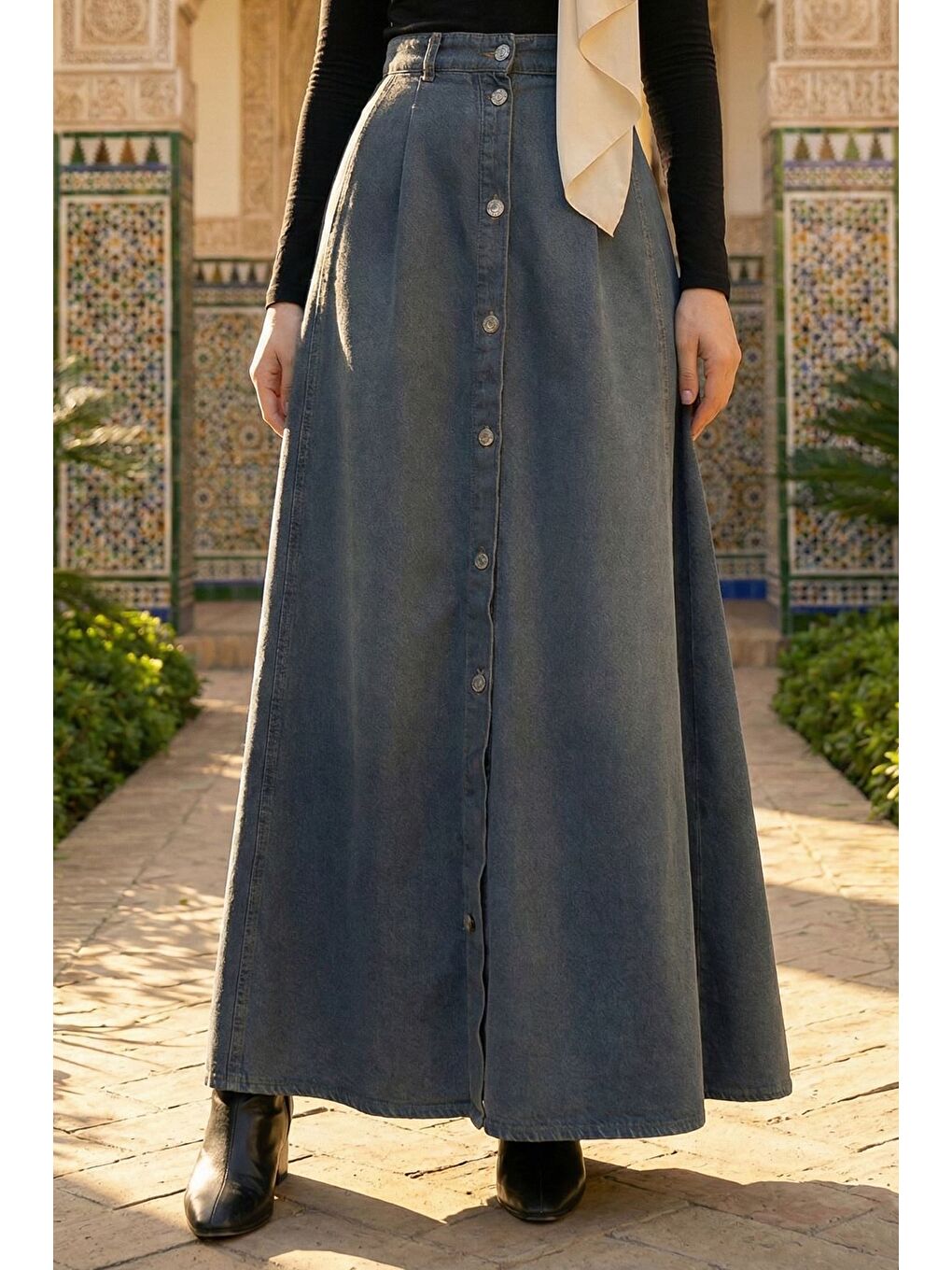 Mavi Tesettür Boydan Düğmeli Pileli Jean Jean Etek-3