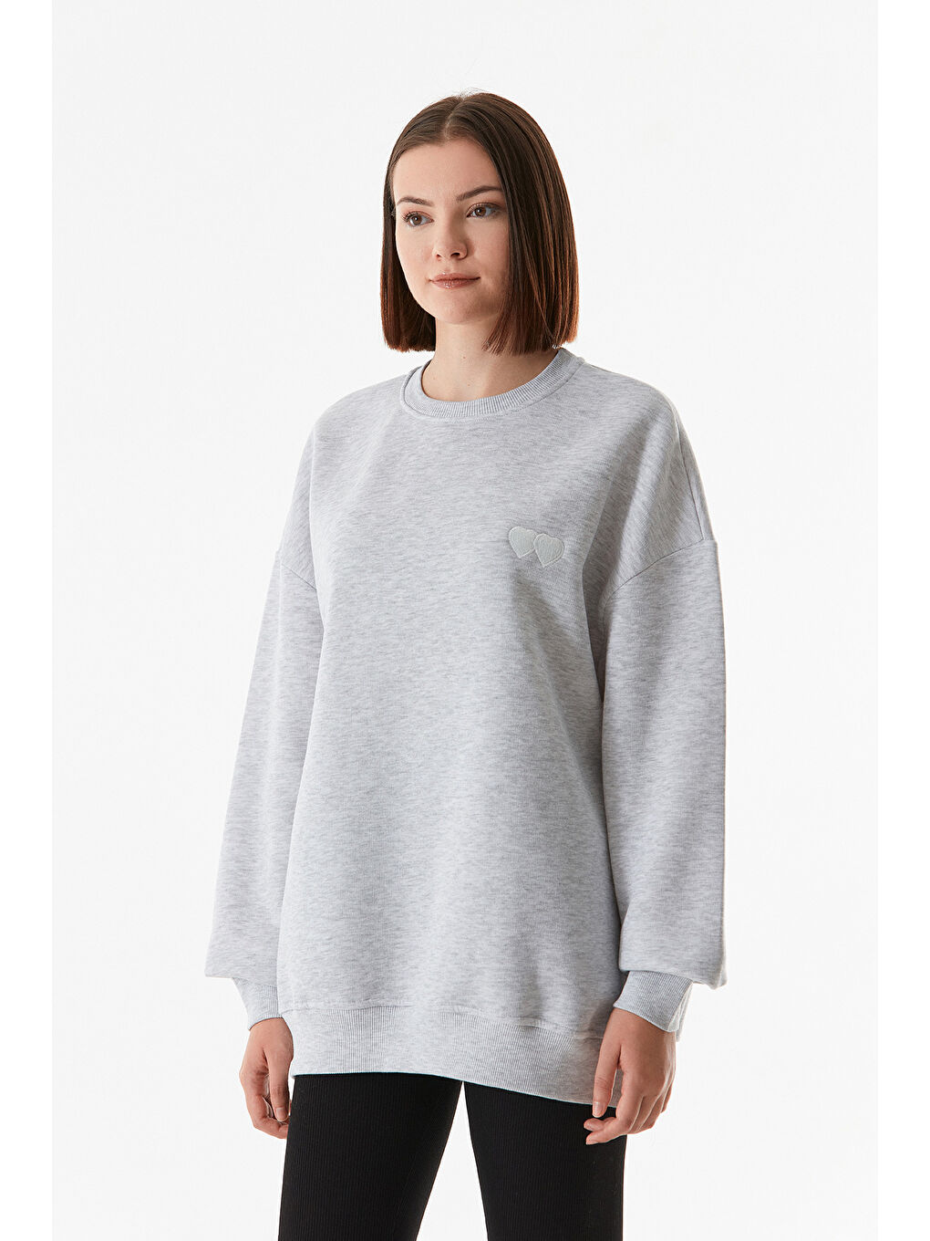 Fullamoda Gri Çift Kalp Nakışlı Oversize Sweatshirt - 2