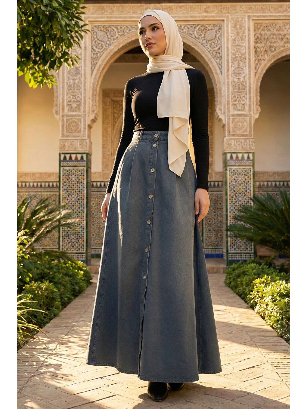 Mavi Tesettür Boydan Düğmeli Pileli Jean Jean Etek-5