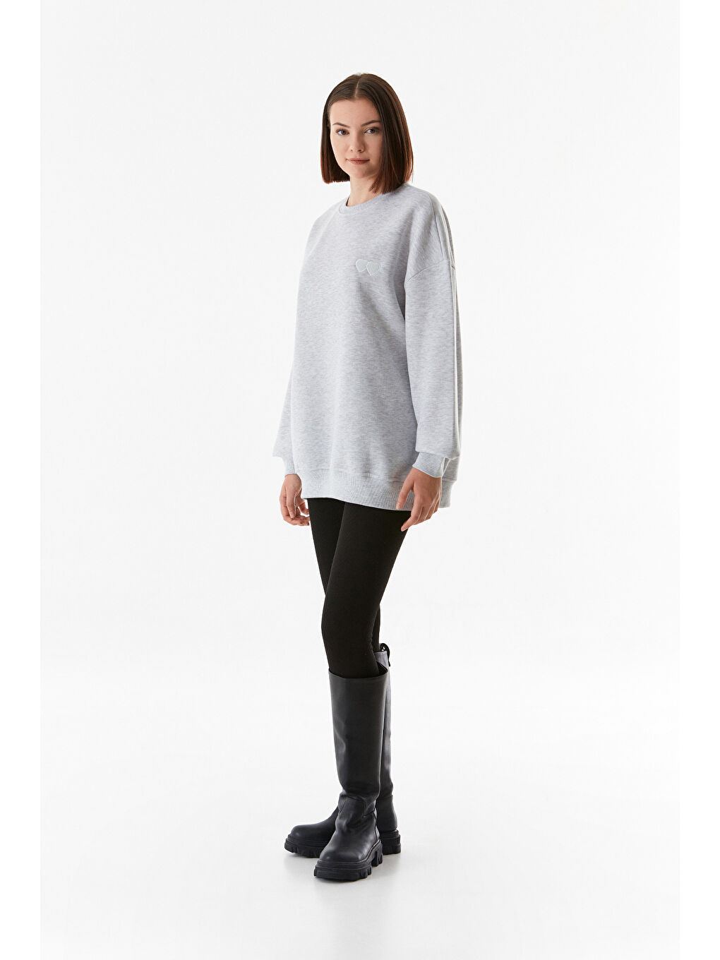 Fullamoda Gri Çift Kalp Nakışlı Oversize Sweatshirt - 3