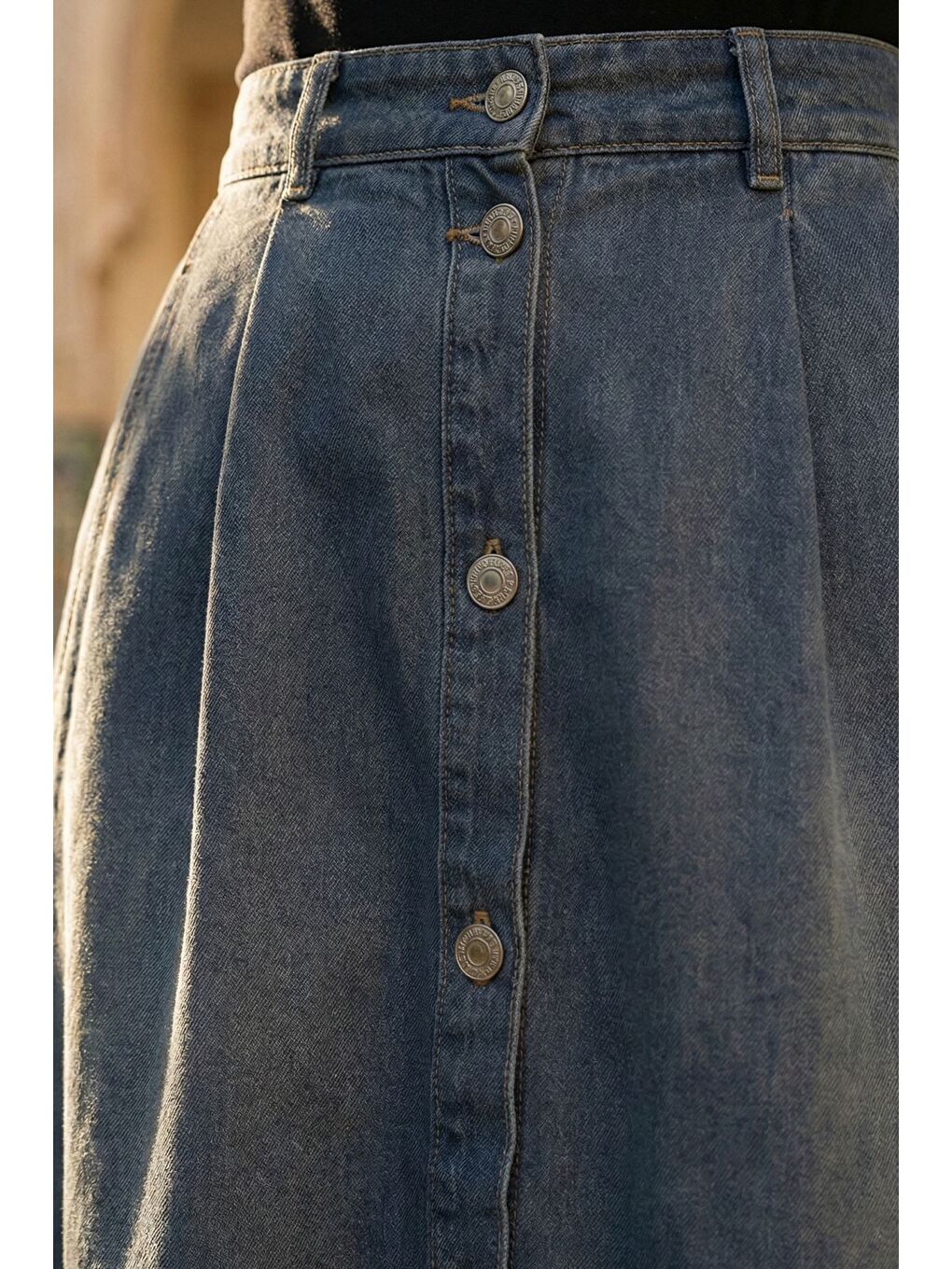 Mavi Tesettür Boydan Düğmeli Pileli Jean Jean Etek-7