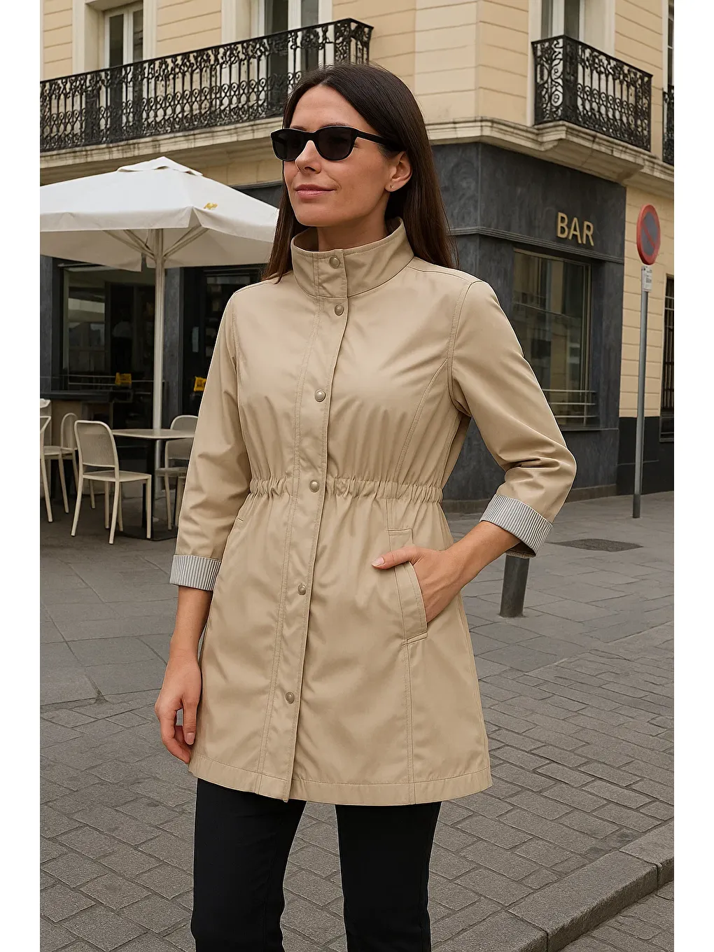 Kadın Astarlı Premium Bej Kısa Trençkot-1