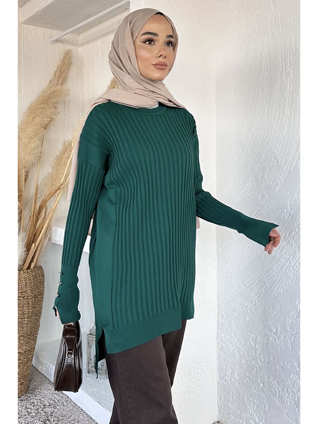 Yeşil Gülseli Bisiklet Yaka Tesettür Triko Tunik-1