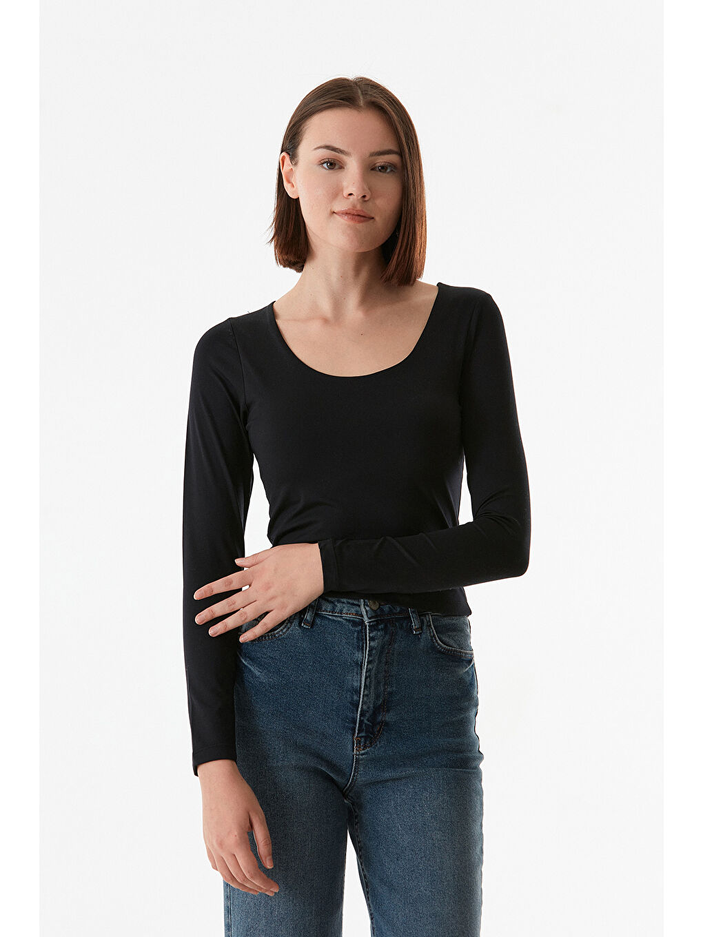 Siyah Basic Kare Yaka Bluz-4