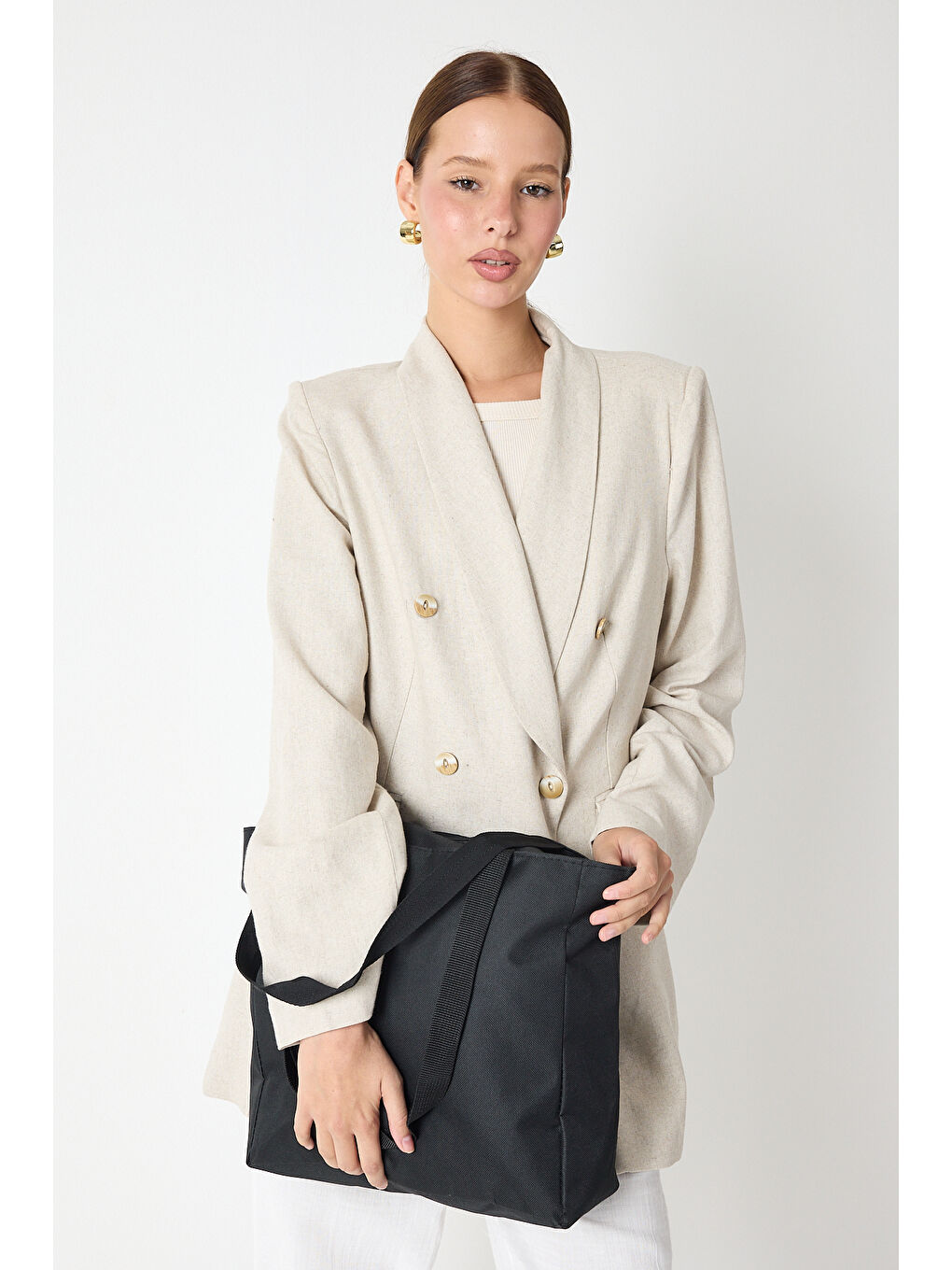 Kadın Siyah Önü Fermuarlı Büyük Boy Kumaş Omuz Çantası-4