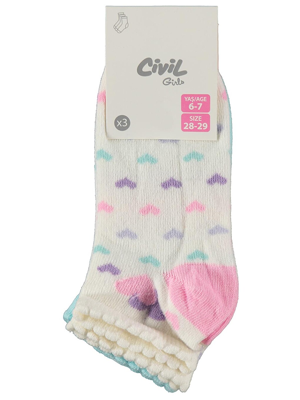 Beyaz Girls Kalp 3'lü 2-12 Yaş Kız Patik Çorap - Standart-5
