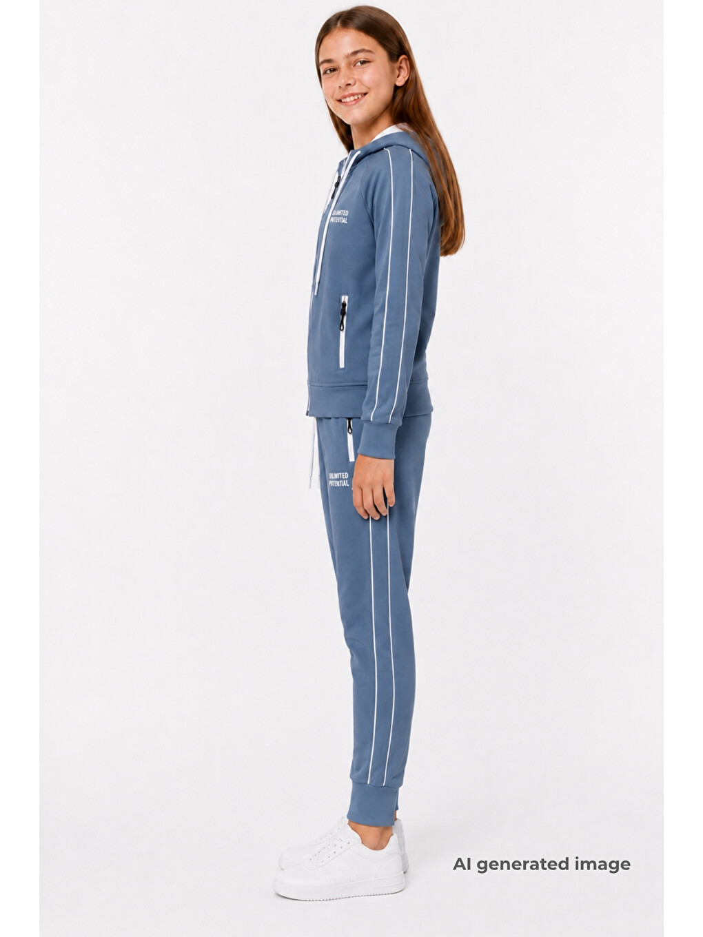 İndigo Kız Çocuk Scuba Unlimited Çift Şeritli Kapüşonlu Reglan Kol Dalgıç Kumaş Eşofman Takımı Esf7023-5