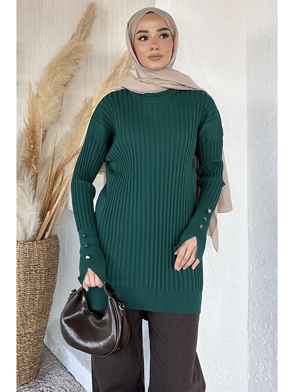 Yeşil Gülseli Bisiklet Yaka Tesettür Triko Tunik-2