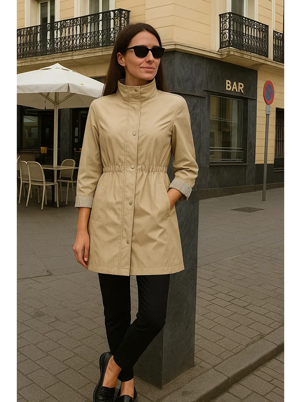 Kadın Astarlı Premium Bej Kısa Trençkot-3