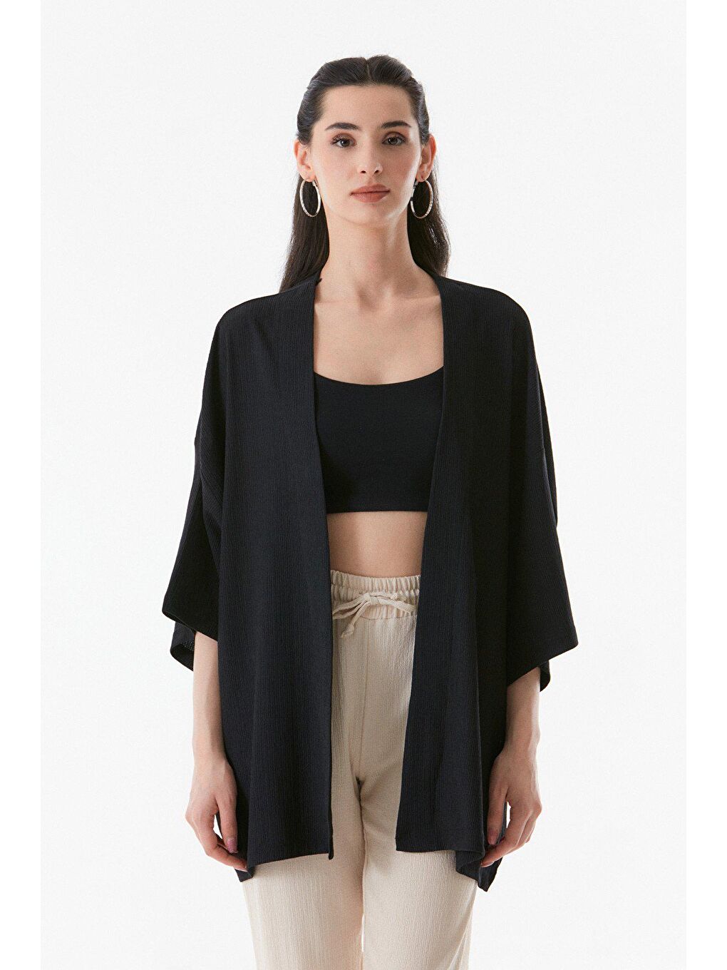 Siyah Basic Bürümcük Kumaş Şal Yaka Kimono-1