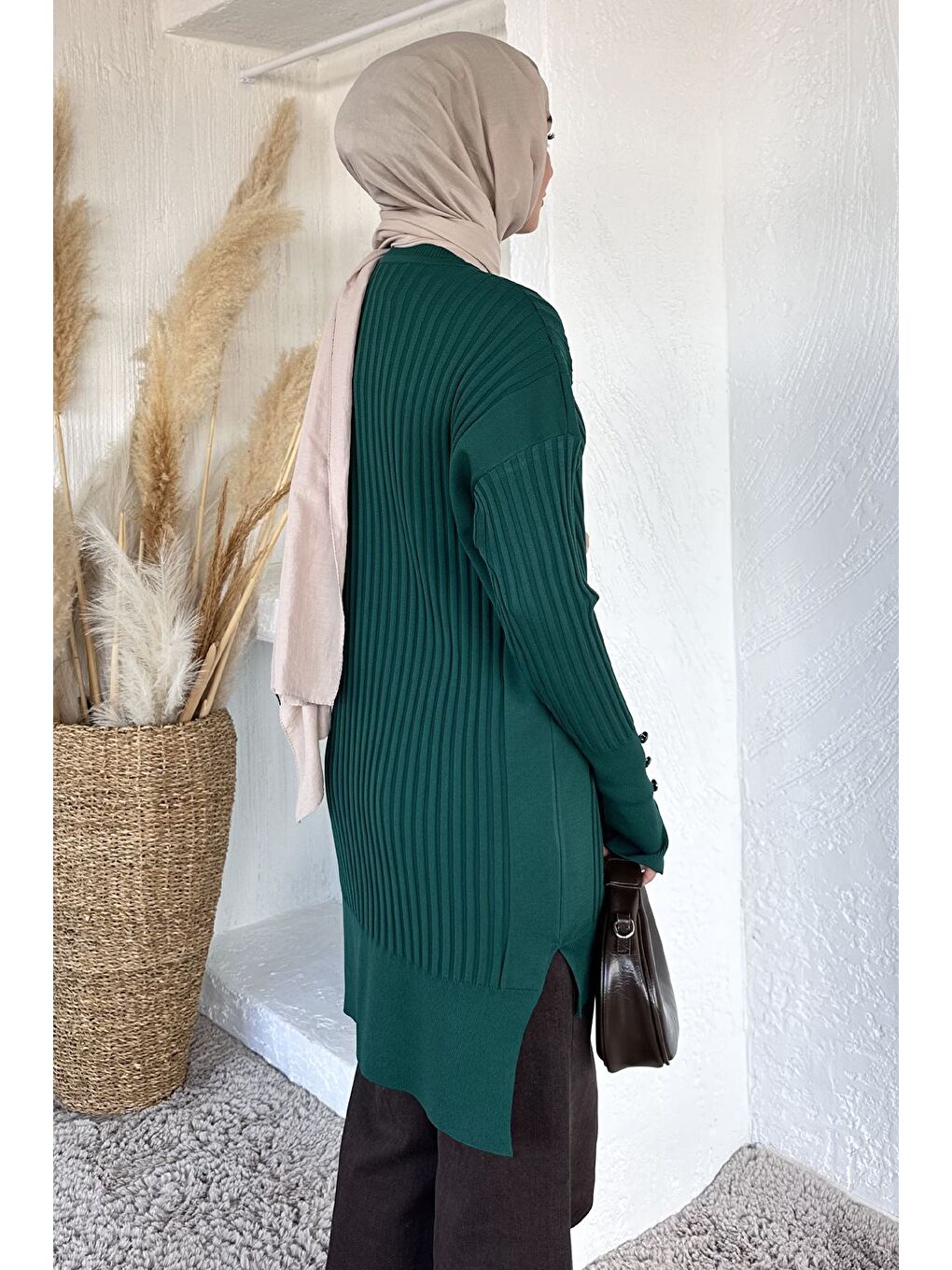 Yeşil Gülseli Bisiklet Yaka Tesettür Triko Tunik-4