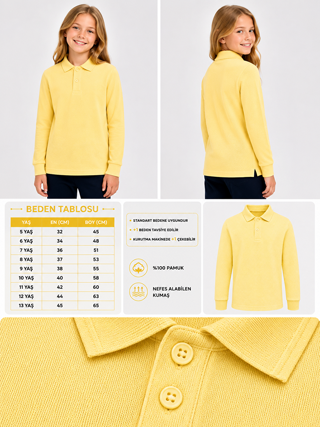 Sarı Kids Polo Yaka Basic Uzun Kollu Unisex Kız Çocuk Tişört-1