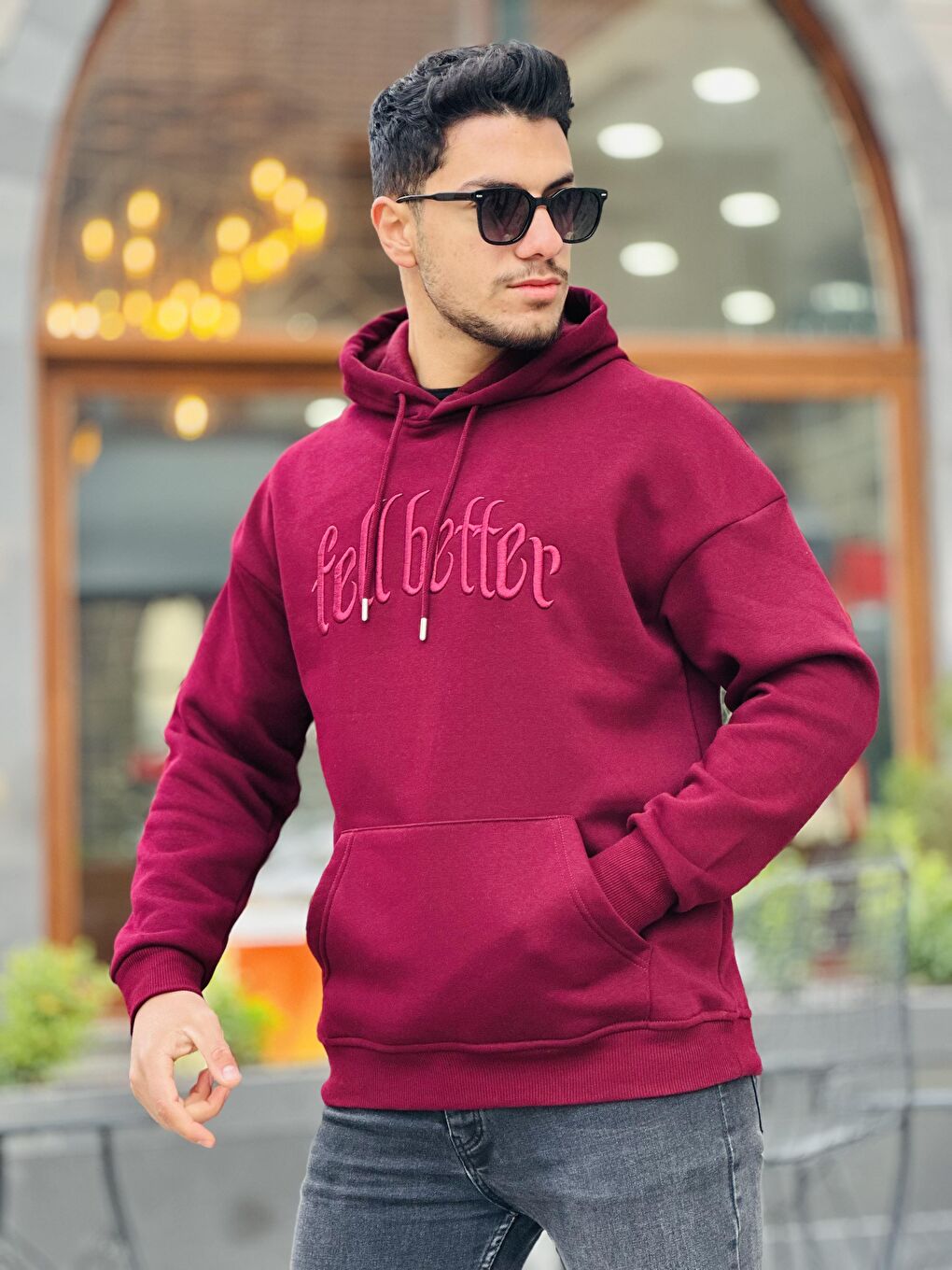 Miron Bordo Fell Better Nakışlı Kapüşonlu Üç İplik Oversize Sweatshirt