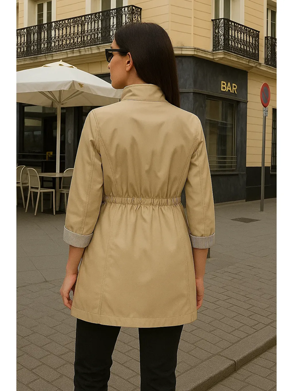 Kadın Astarlı Premium Bej Kısa Trençkot-5
