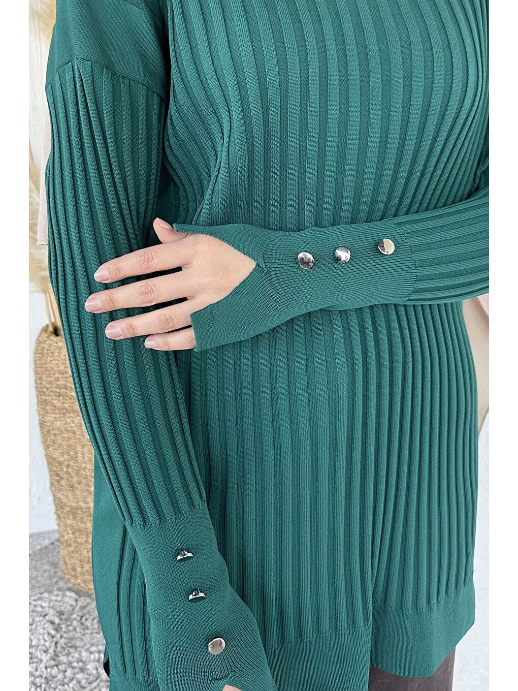 Yeşil Gülseli Bisiklet Yaka Tesettür Triko Tunik-7