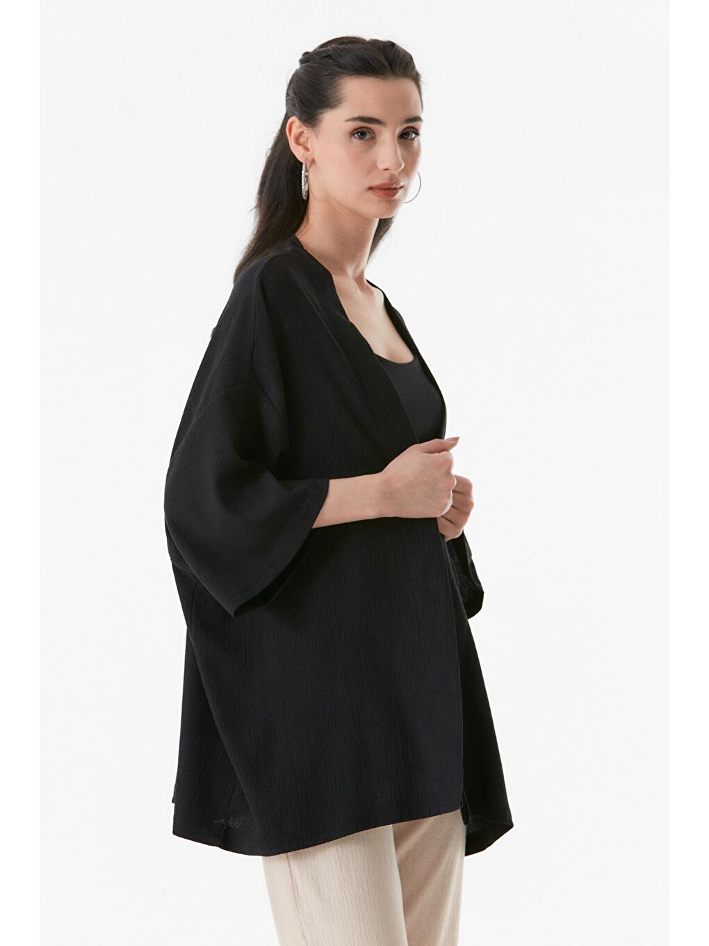 Siyah Basic Bürümcük Kumaş Şal Yaka Kimono-2