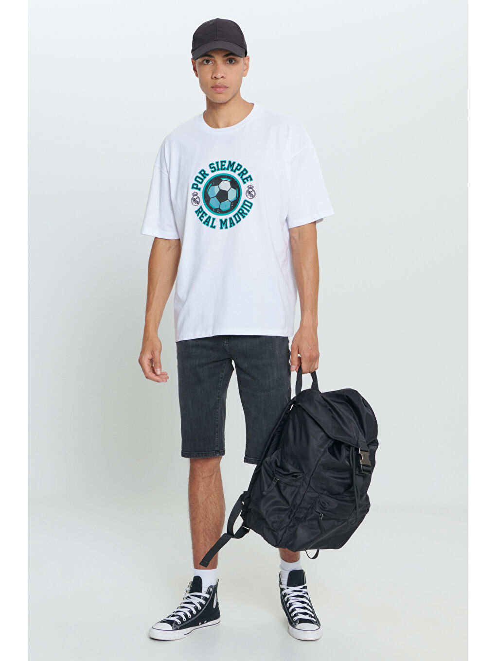 Erkek Beyaz Real Madrid Lisanslı Oversize Fit Bol Kesim %100 Pamuk Bisiklet Yaka Tişört-1