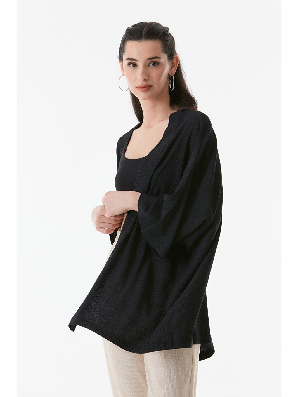 Siyah Basic Bürümcük Kumaş Şal Yaka Kimono-3