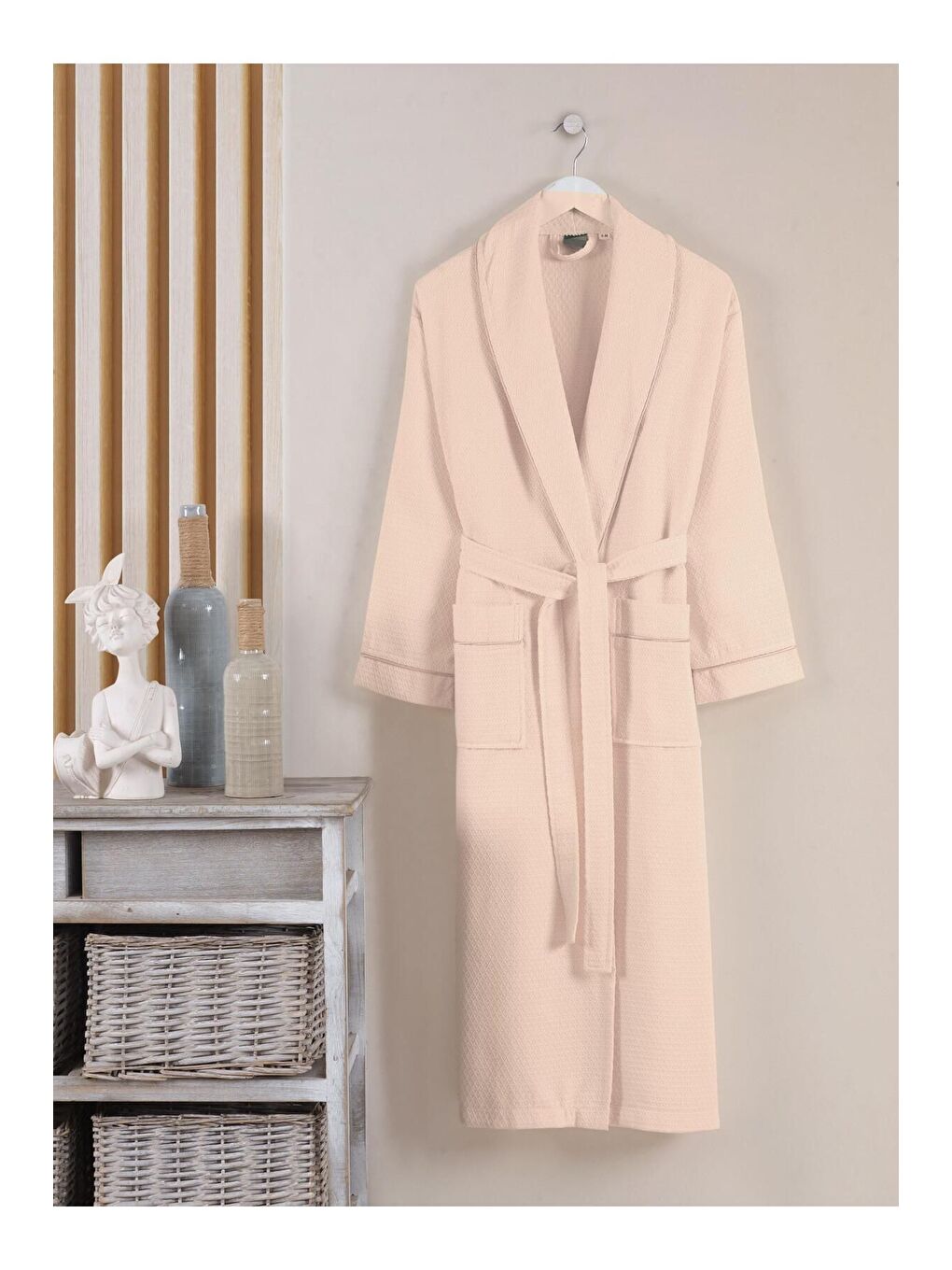 Ekru Dama Serisi Şal Yaka Pike Bornoz Sabahlık Bej