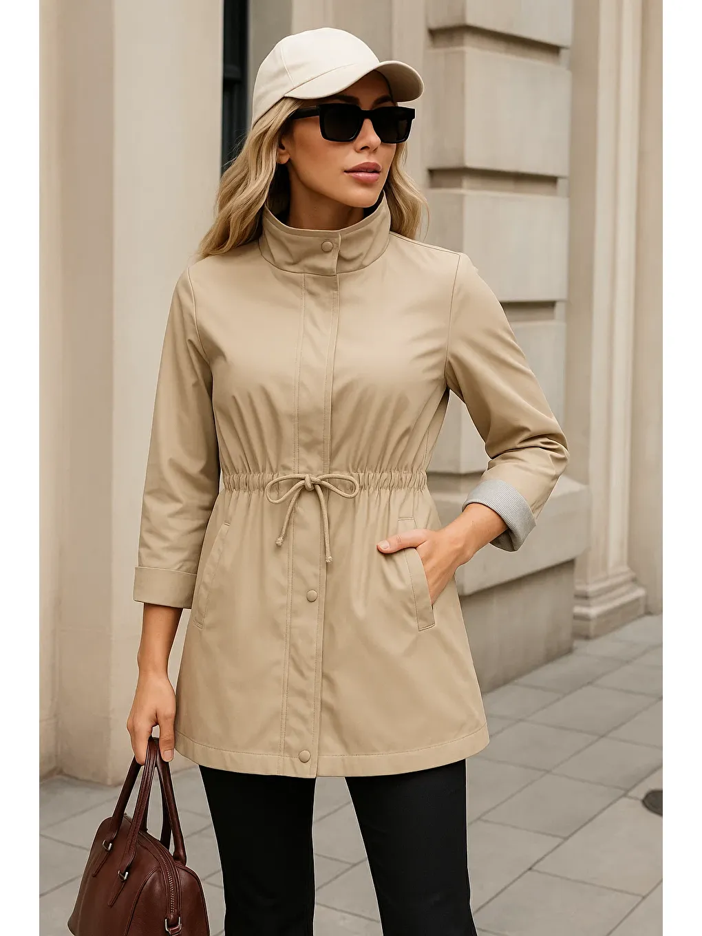 Kadın Premium Fermuarlı Çizgili Bej Kısa Trençkot