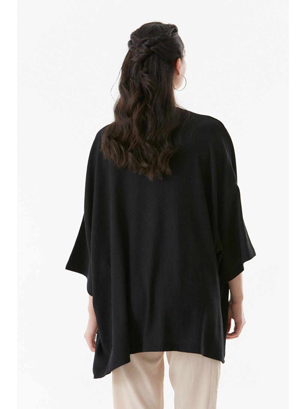 Siyah Basic Bürümcük Kumaş Şal Yaka Kimono-4