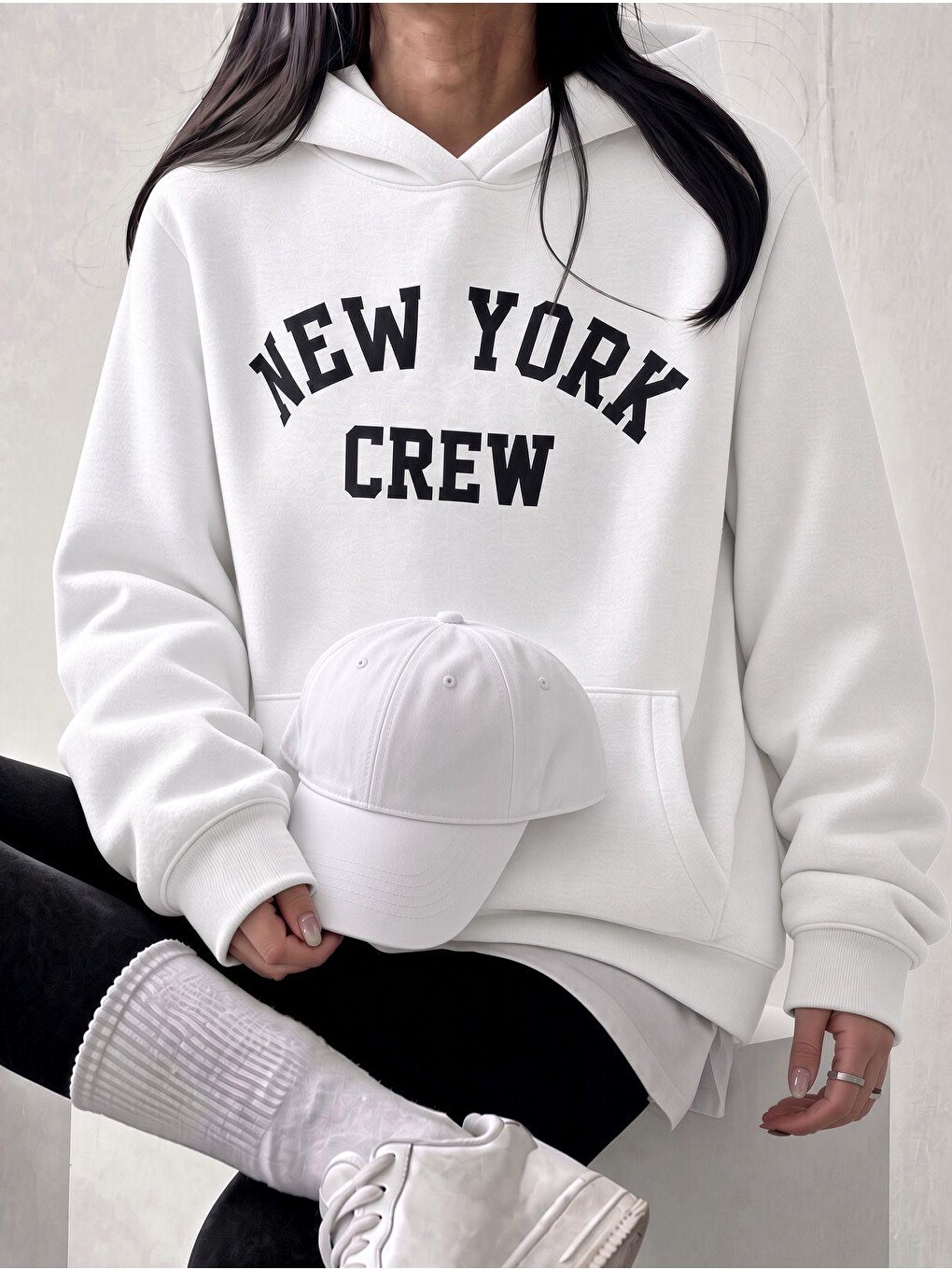 Beyaz Sw Unisex Oversize "new York Crew" Baskılı Kapüşonlu Kanguru Cep Sweatshirt