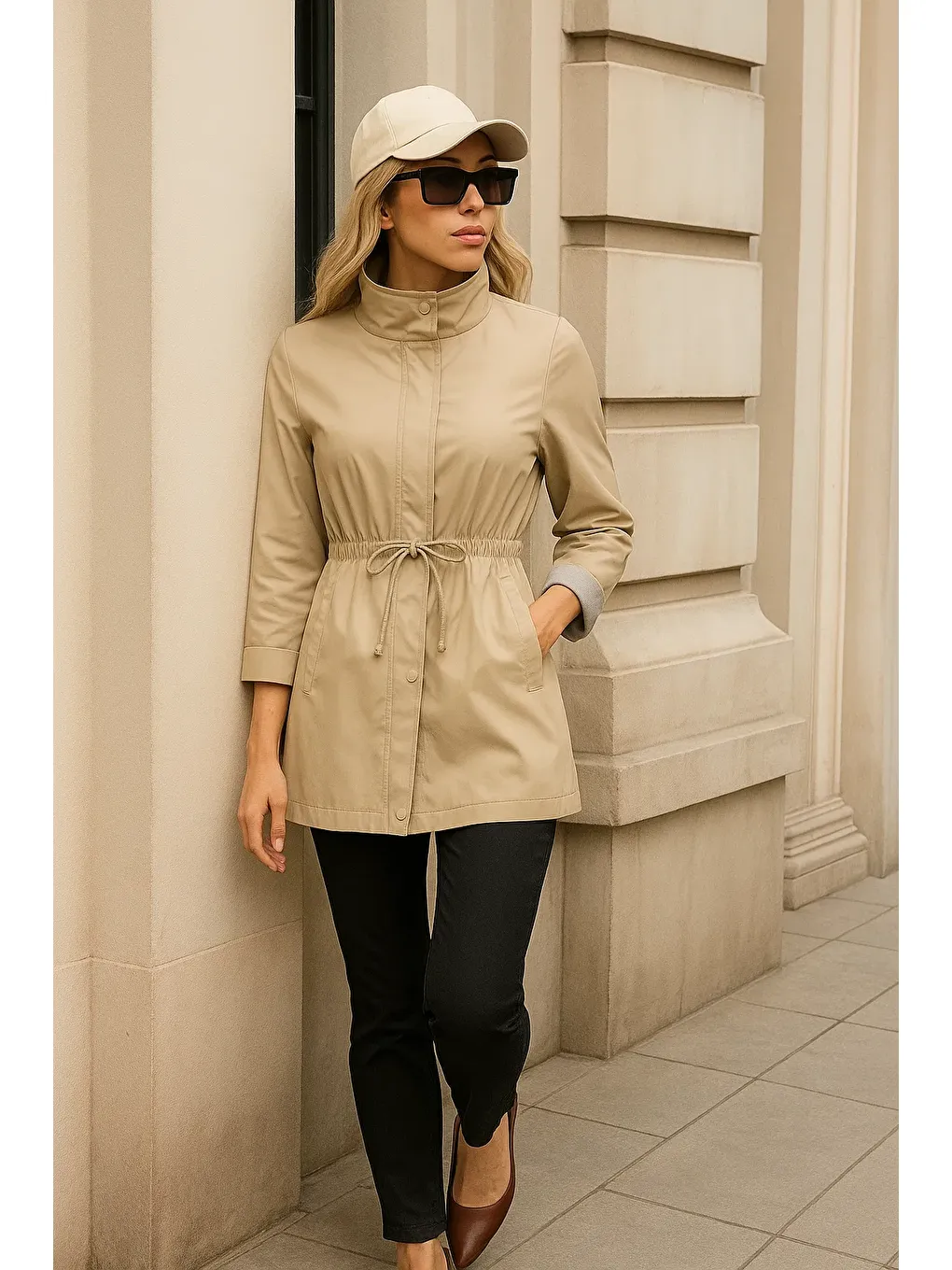 Kadın Premium Fermuarlı Çizgili Bej Kısa Trençkot-2