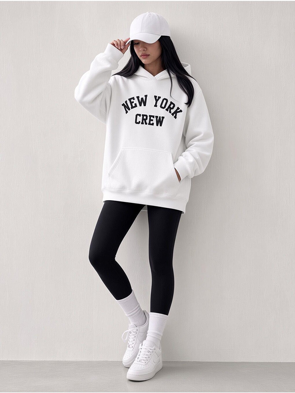Beyaz Sw Unisex Oversize "new York Crew" Baskılı Kapüşonlu Kanguru Cep Sweatshirt-1