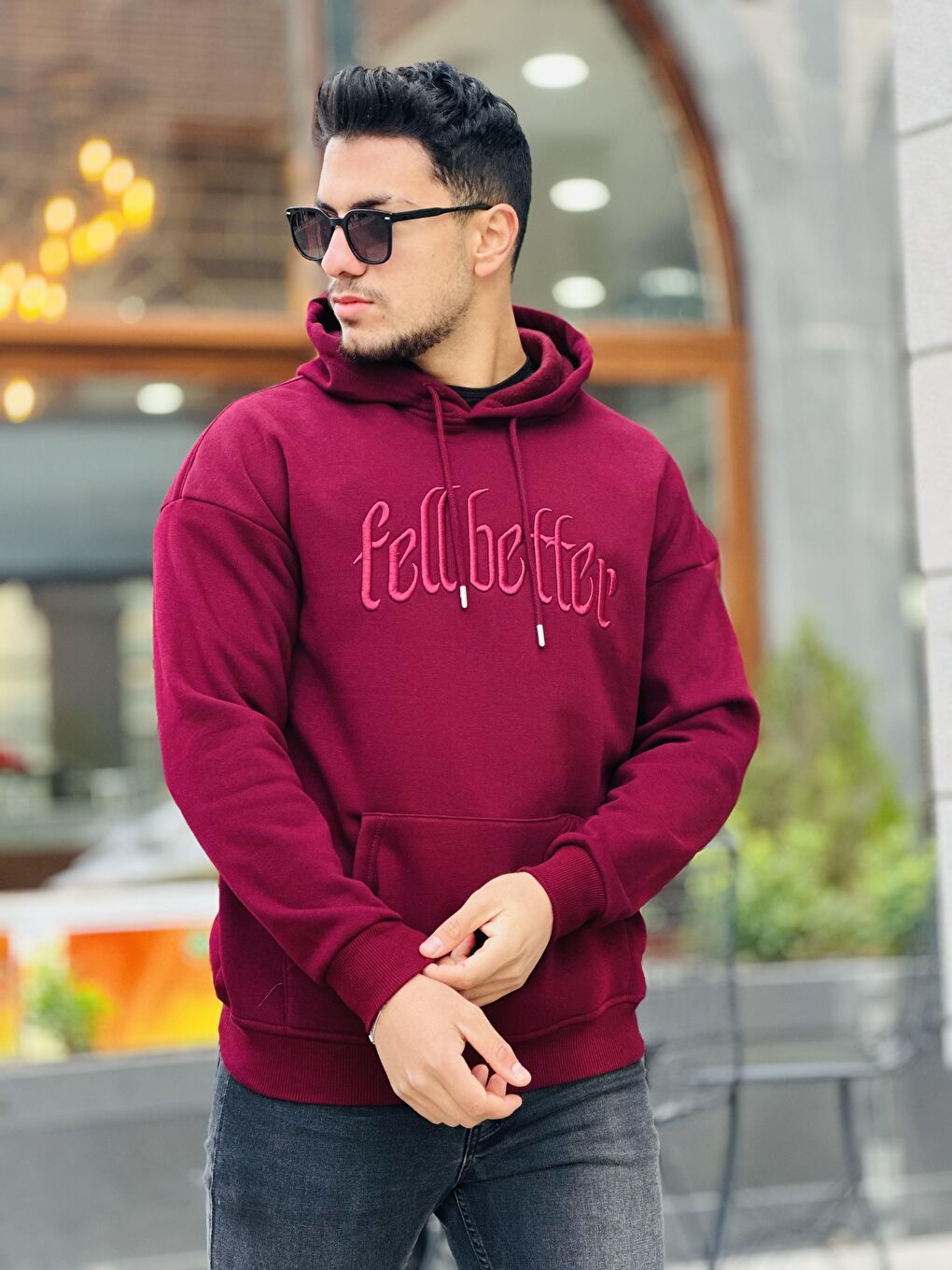 Miron Bordo Fell Better Nakışlı Kapüşonlu Üç İplik Oversize Sweatshirt - 1