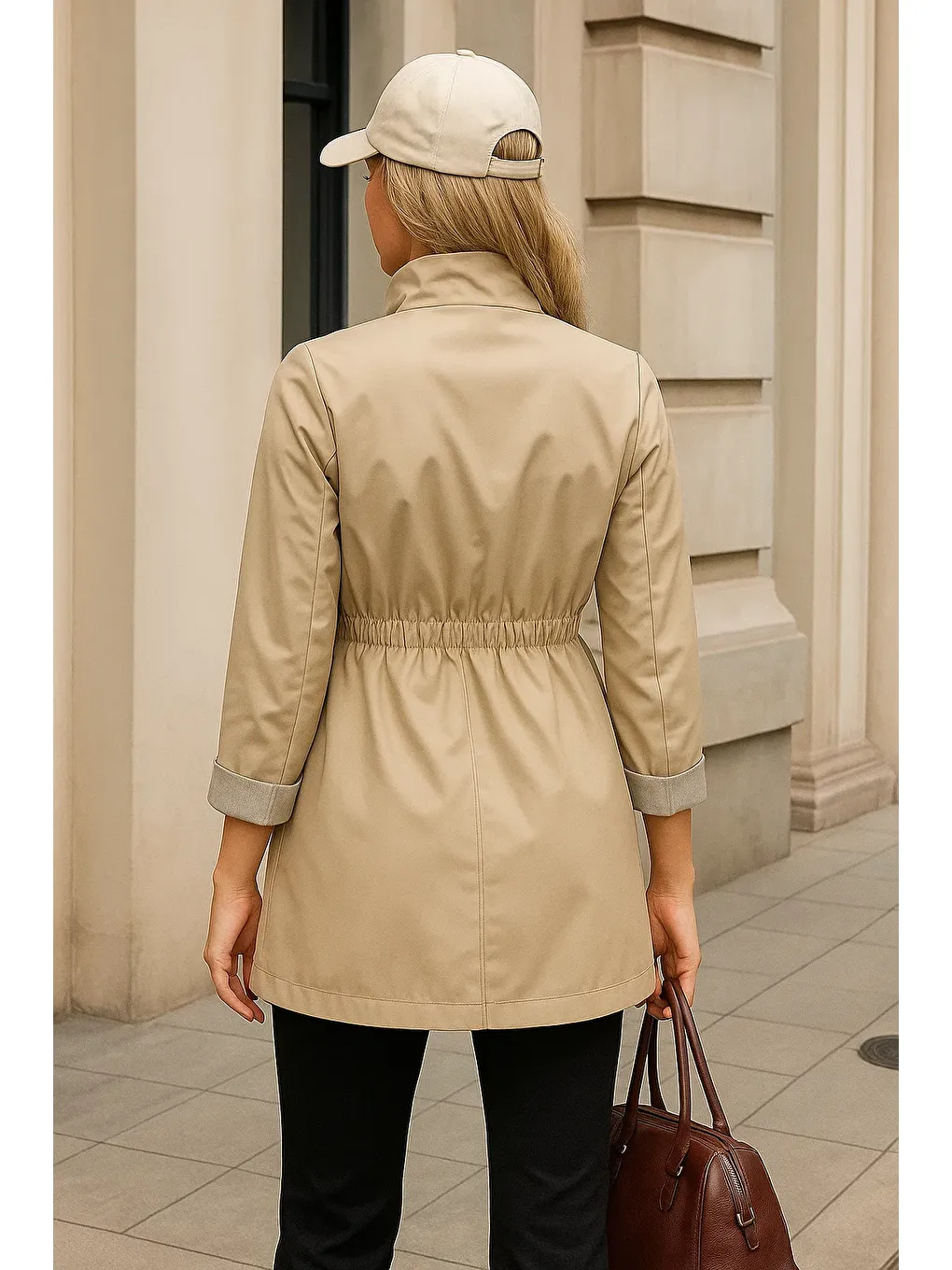 Kadın Premium Fermuarlı Çizgili Bej Kısa Trençkot-5