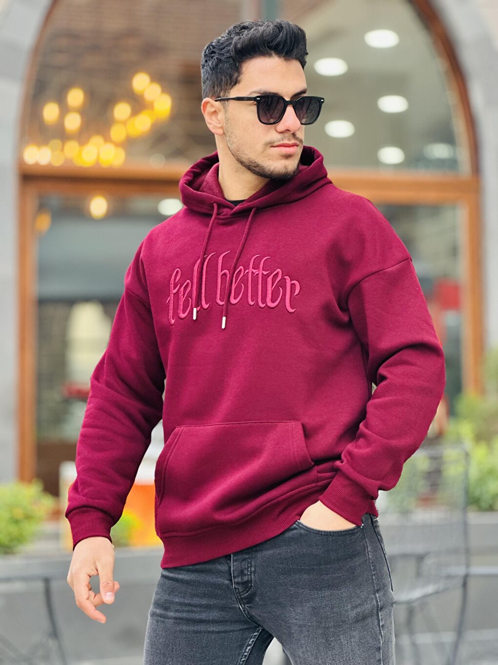 Miron Bordo Fell Better Nakışlı Kapüşonlu Üç İplik Oversize Sweatshirt - 2