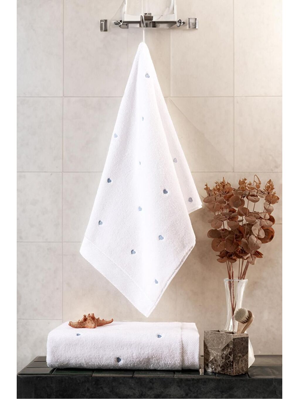 Love Serisi Nakışlı Micro Pamuk Banyo Havlu Seti Mavi