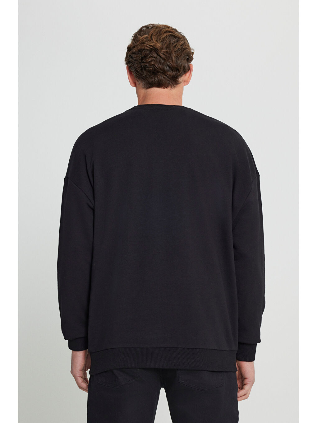 Erkek Siyah Oversize Bol Kesim 3 İplik Bisiklet Yaka Pamuklu Sweatshirt-4