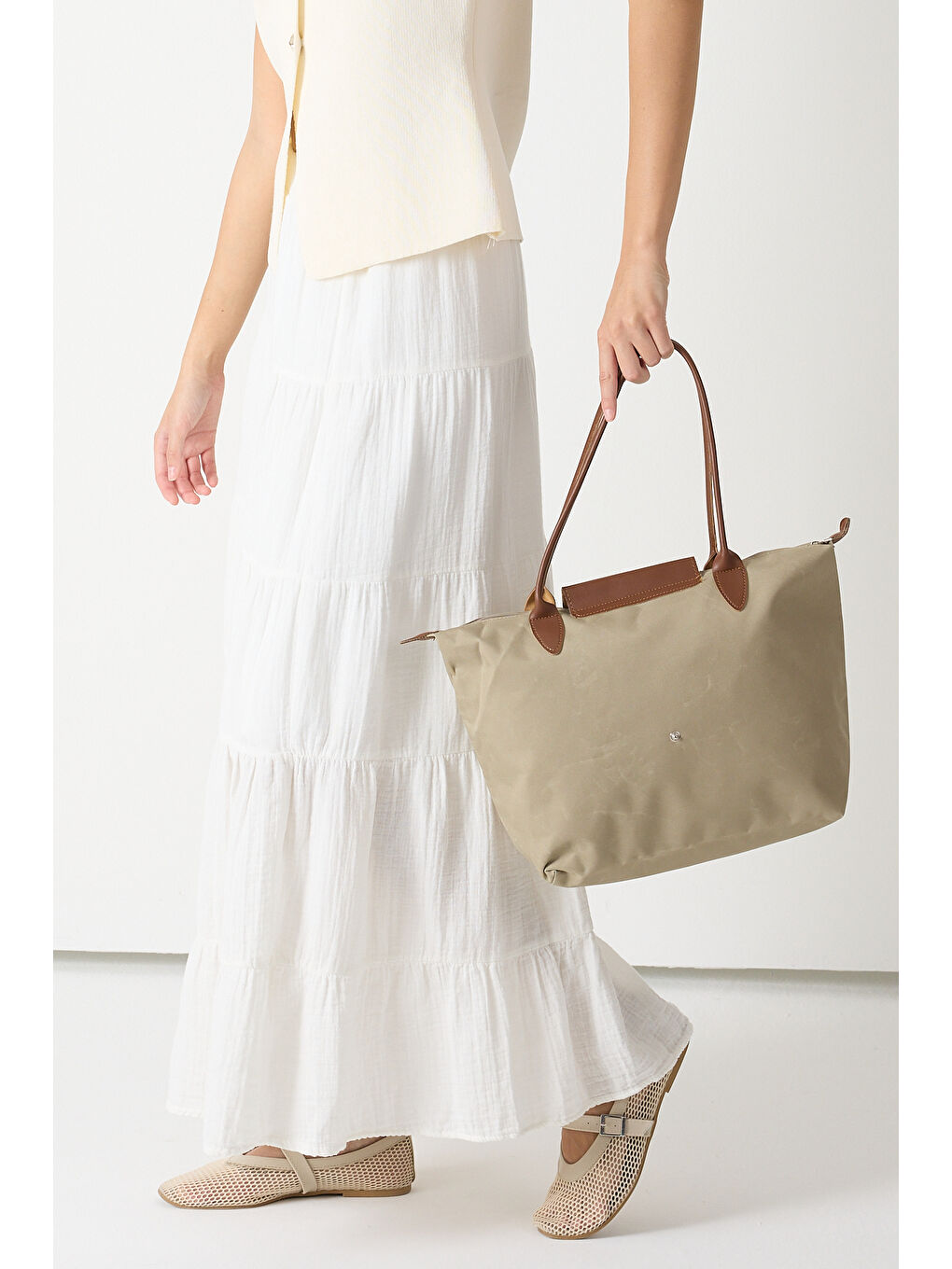 Bej Kadın Vizon Orta Boy Askılı El ve Omuz Çantası-2