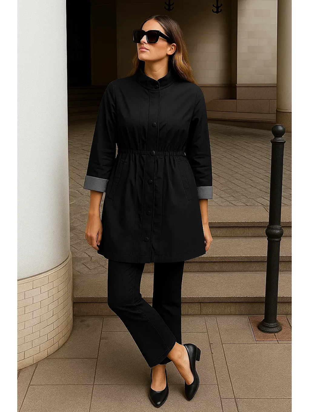 Kadın Fermuarlı Büzgülü Çizgili Siyah Kısa Trençkot-2