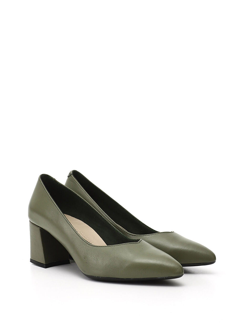 Yeşil Kadın YEŞİL Sivri Burun Orta Kalın Topuklu Hakiki Deri Ayakkabı-1