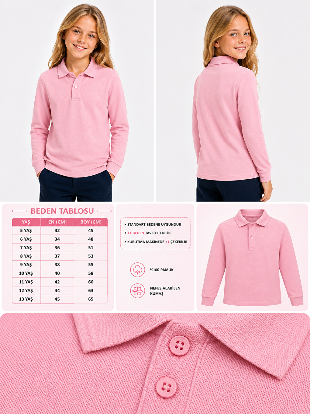 Pembe Kids Polo Yaka Basic Uzun Kollu Unisex Kız Çocuk Tişört-1