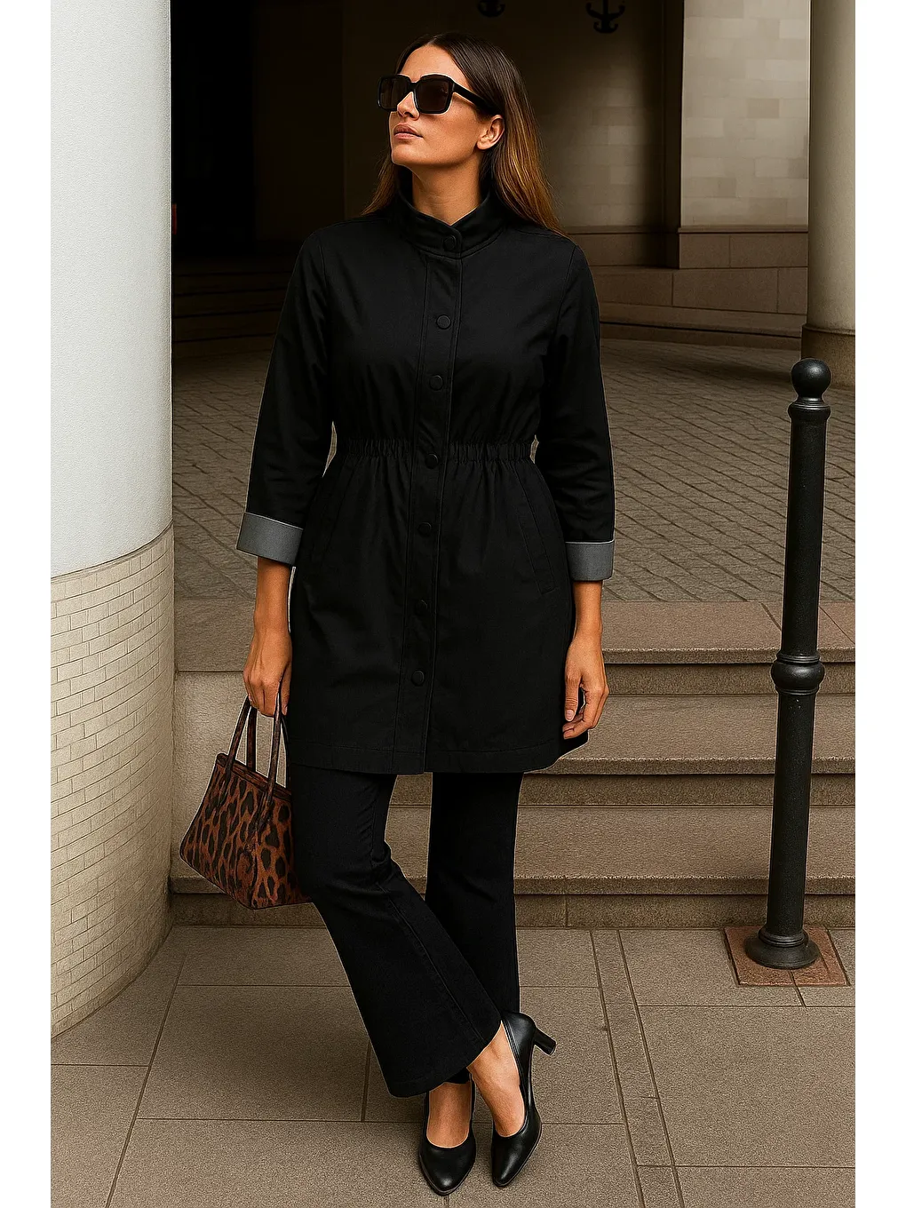 Kadın Fermuarlı Büzgülü Çizgili Siyah Kısa Trençkot-3