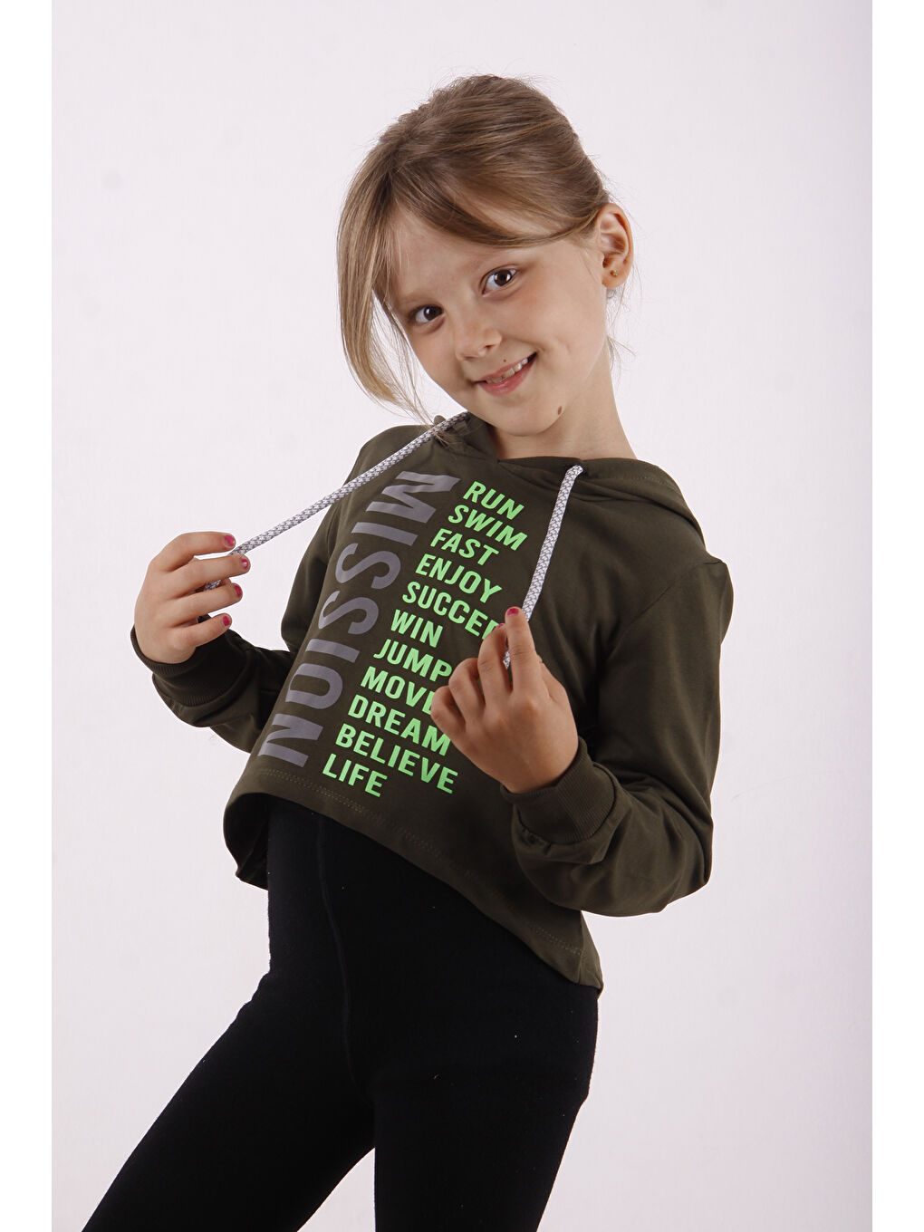 Haki Kız Çocuk Yazı Baskılı Sweatshirt