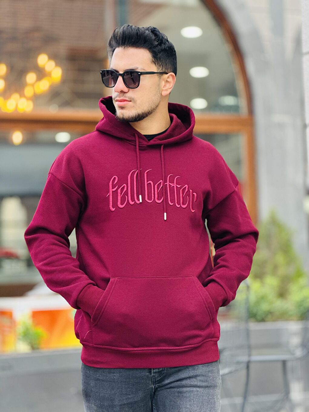 Miron Bordo Fell Better Nakışlı Kapüşonlu Üç İplik Oversize Sweatshirt - 3